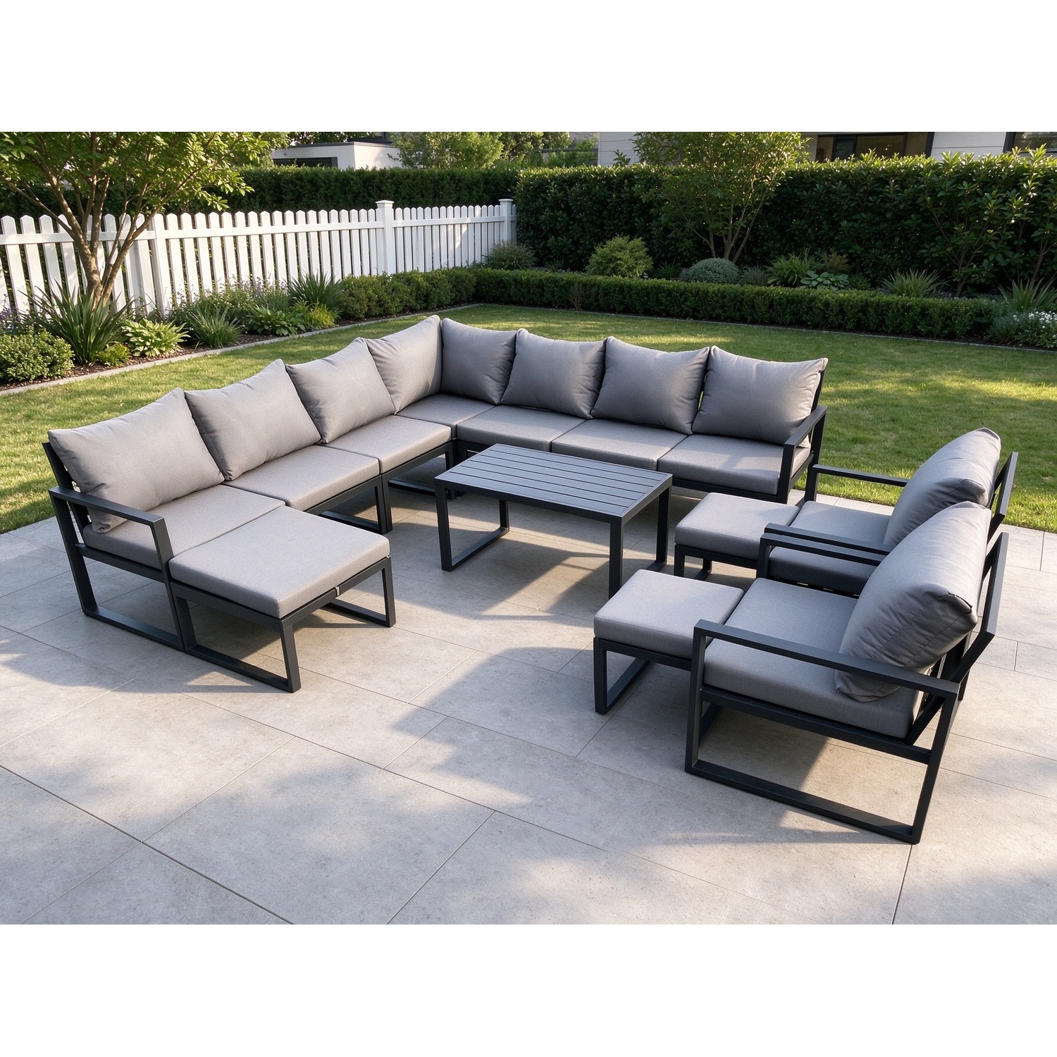 Fimous Aluminium Outdoor Garden Furniture Set Lounge Corner Sofa Oblong Coffee Table 2 Pcs Chair Sets With 3 Footstools Dark Grey - Image 3