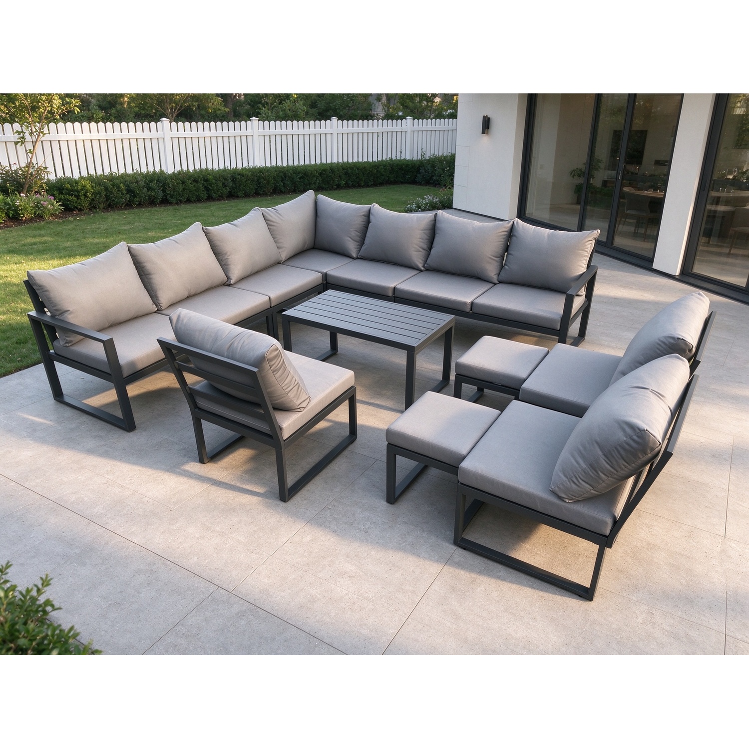 Fimous Unisex Dark Grey Aluminium Outdoor Garden Furniture Set Patio Lounge Sofa With Oblong Coffee Table 2 Footstools Small - Image 2