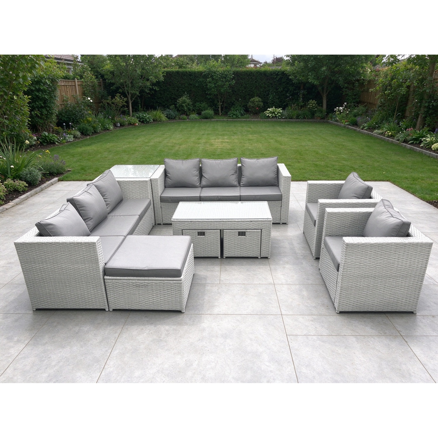 Fimous Outdoor Garden Furniture Rattan Sofa Set With 2 Armchairs Oblong Coffee Table 3 Footstools Side Table Light Grey Mixed - Image 3