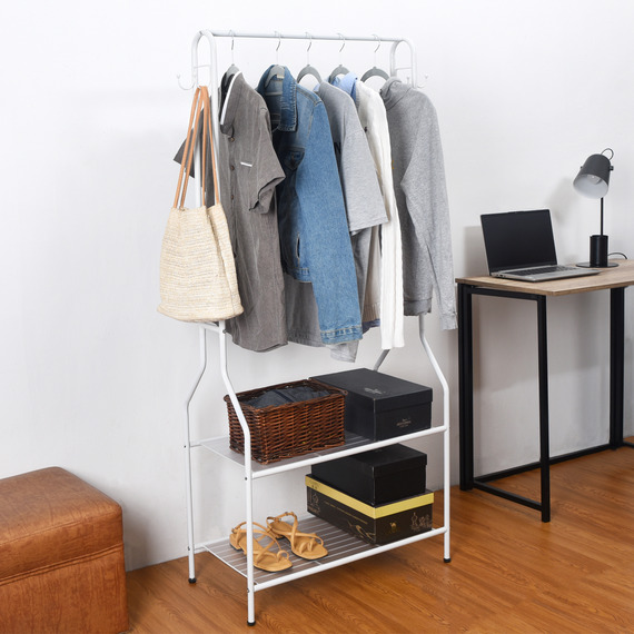 Clothes Rail With Two Shelves in White Hallway Bedroom