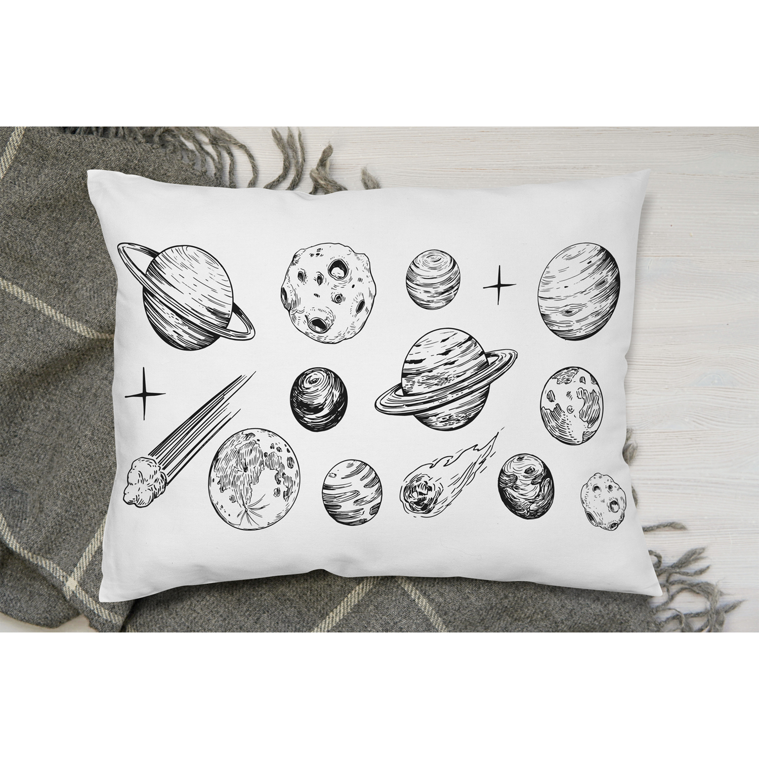 Set Of Space Objects Planets, Stars Cushion - White