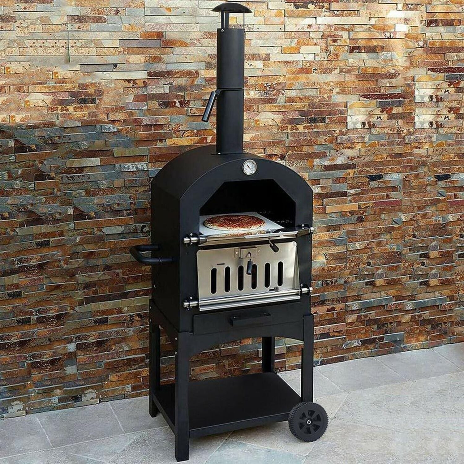 2 Tier Charcoal Fire Pizza Oven Outdoor Barbecue Grill With Chimney