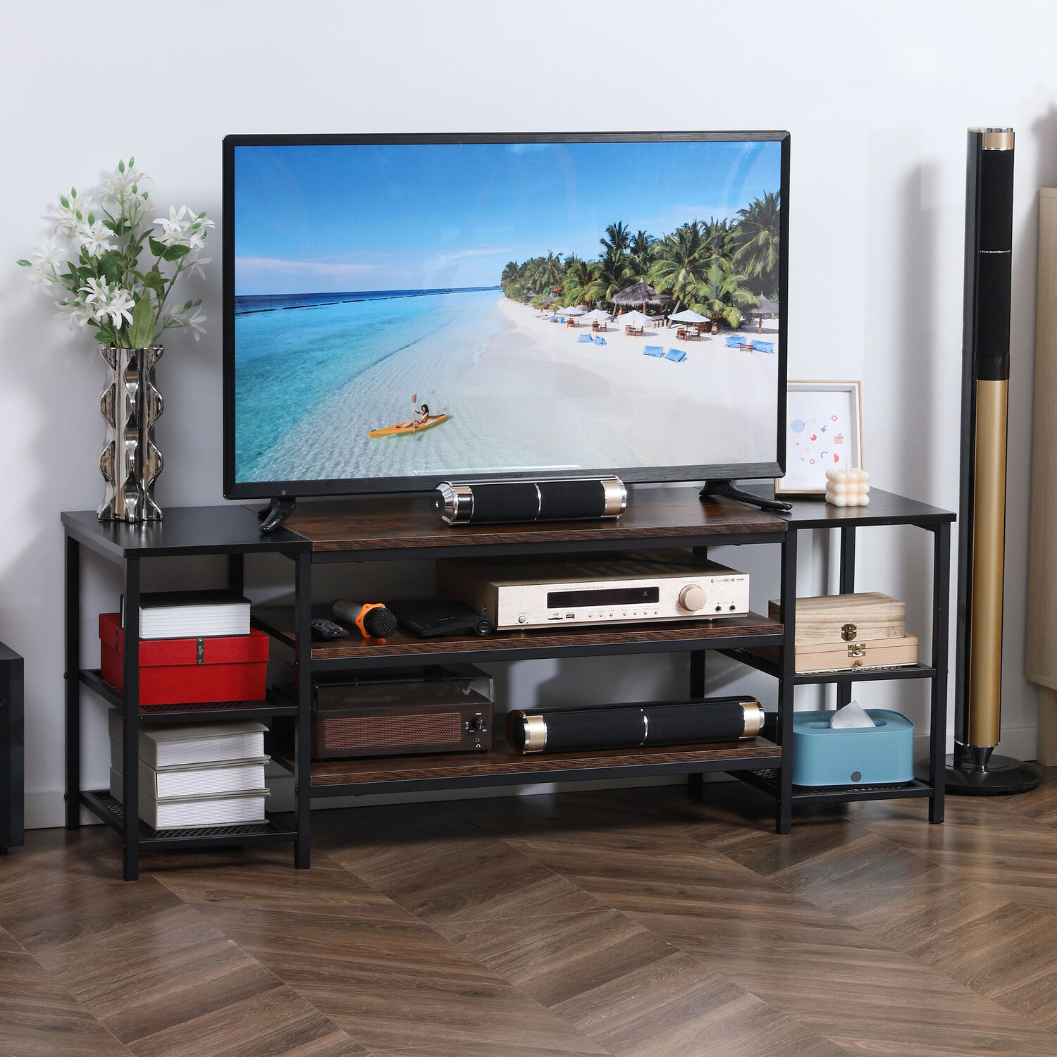 HOMCOM Industrial TV Stand Cabinet with Storage Shelves - Black