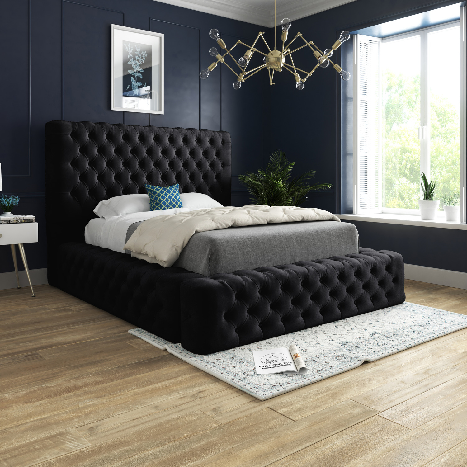 Ds Living Cambridge Upholstered Soft Velvet Fabric Buttons Bed - Black / King