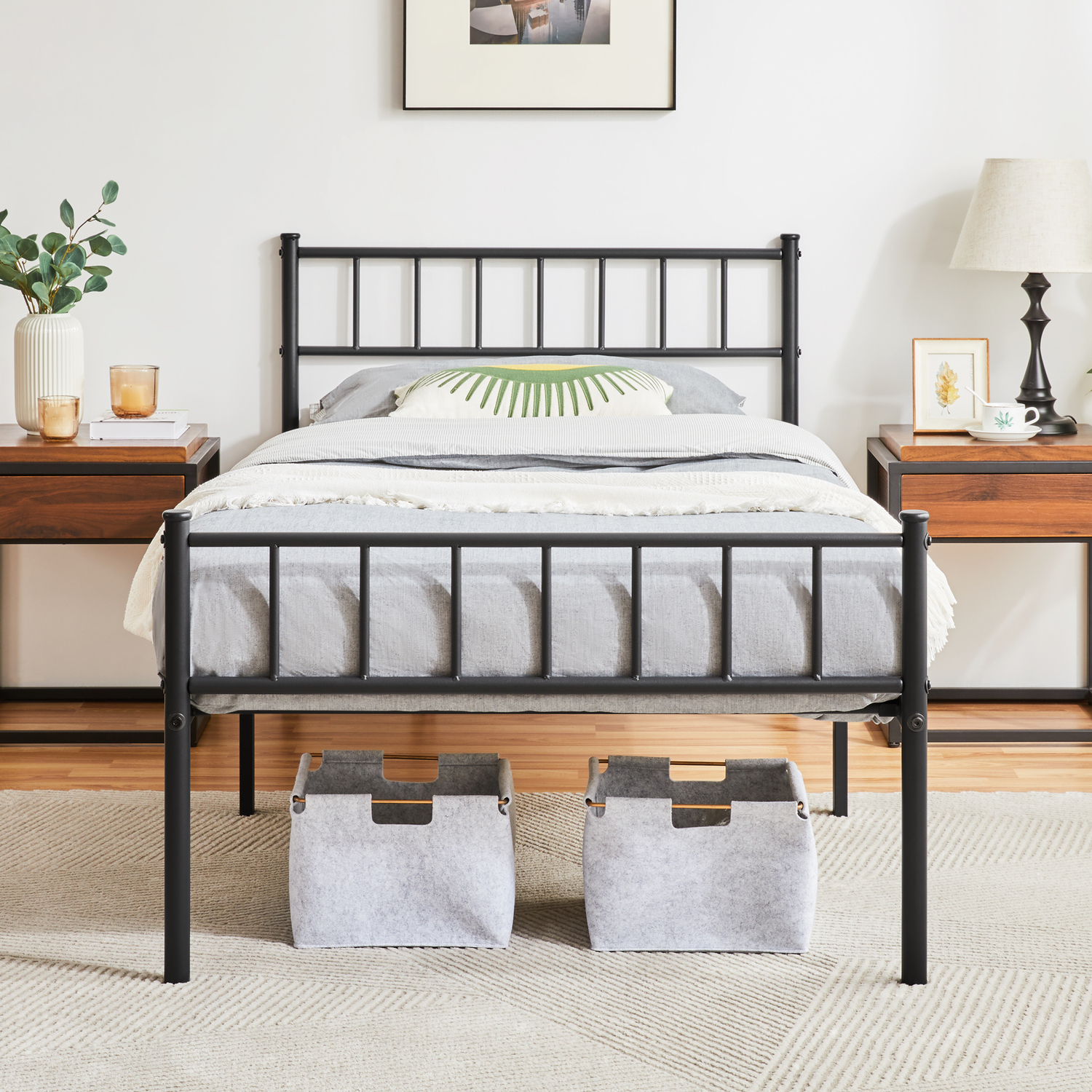 Metal Bed Frame With Large Storage Space - Black Single