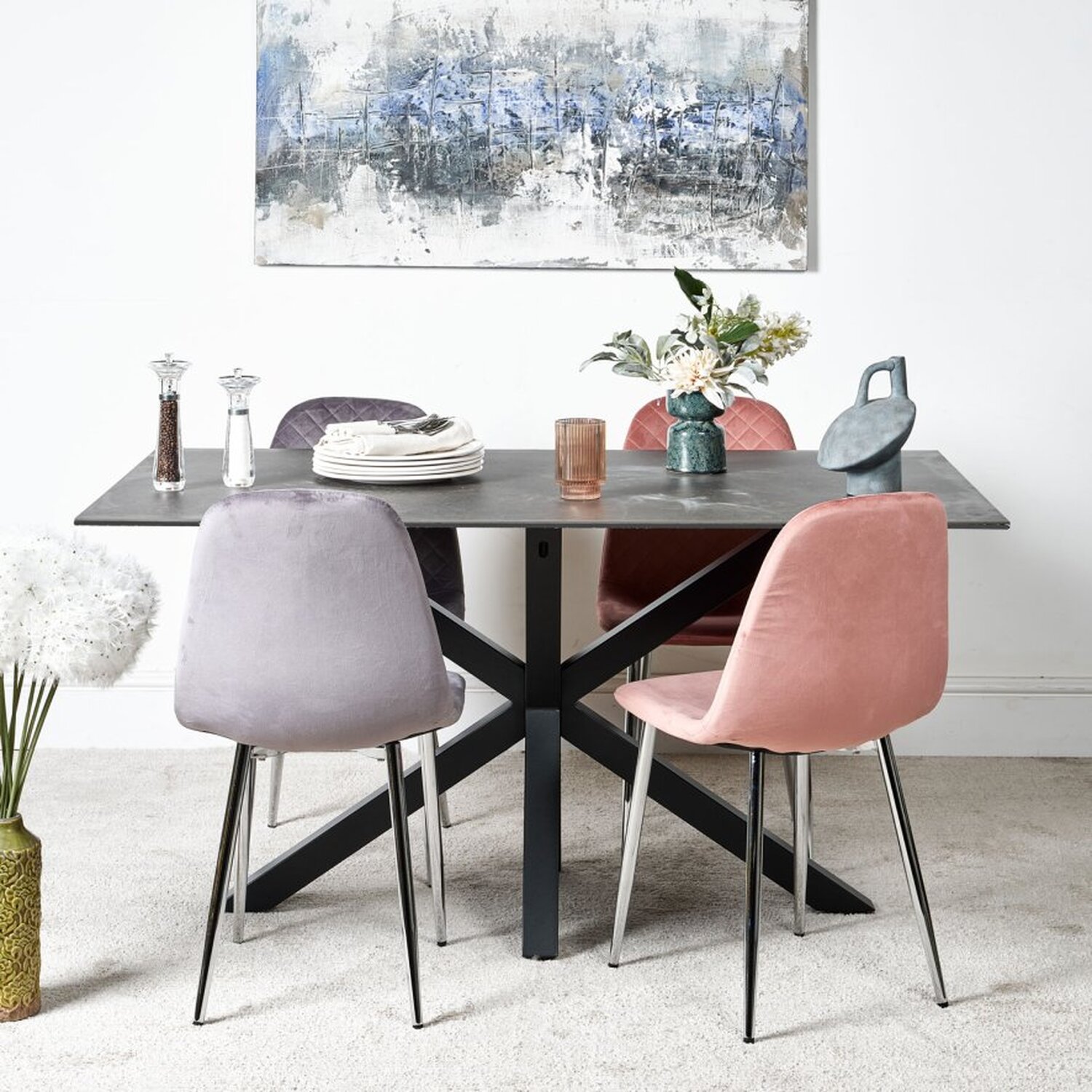 Woods Furniture - Eastcote Black 150cm Dining Table  Archie Chrome Leg Chairs - Pink thumbnail