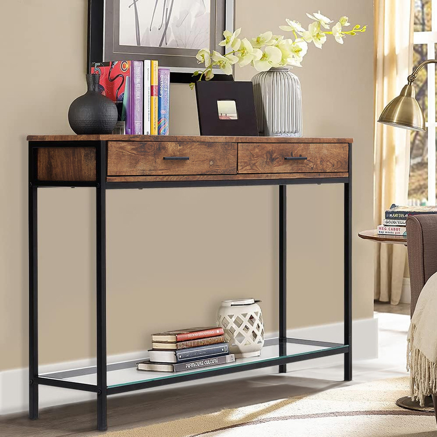 2 Tier Console Side End Table With 2 Slide Drawer Glass Shelf