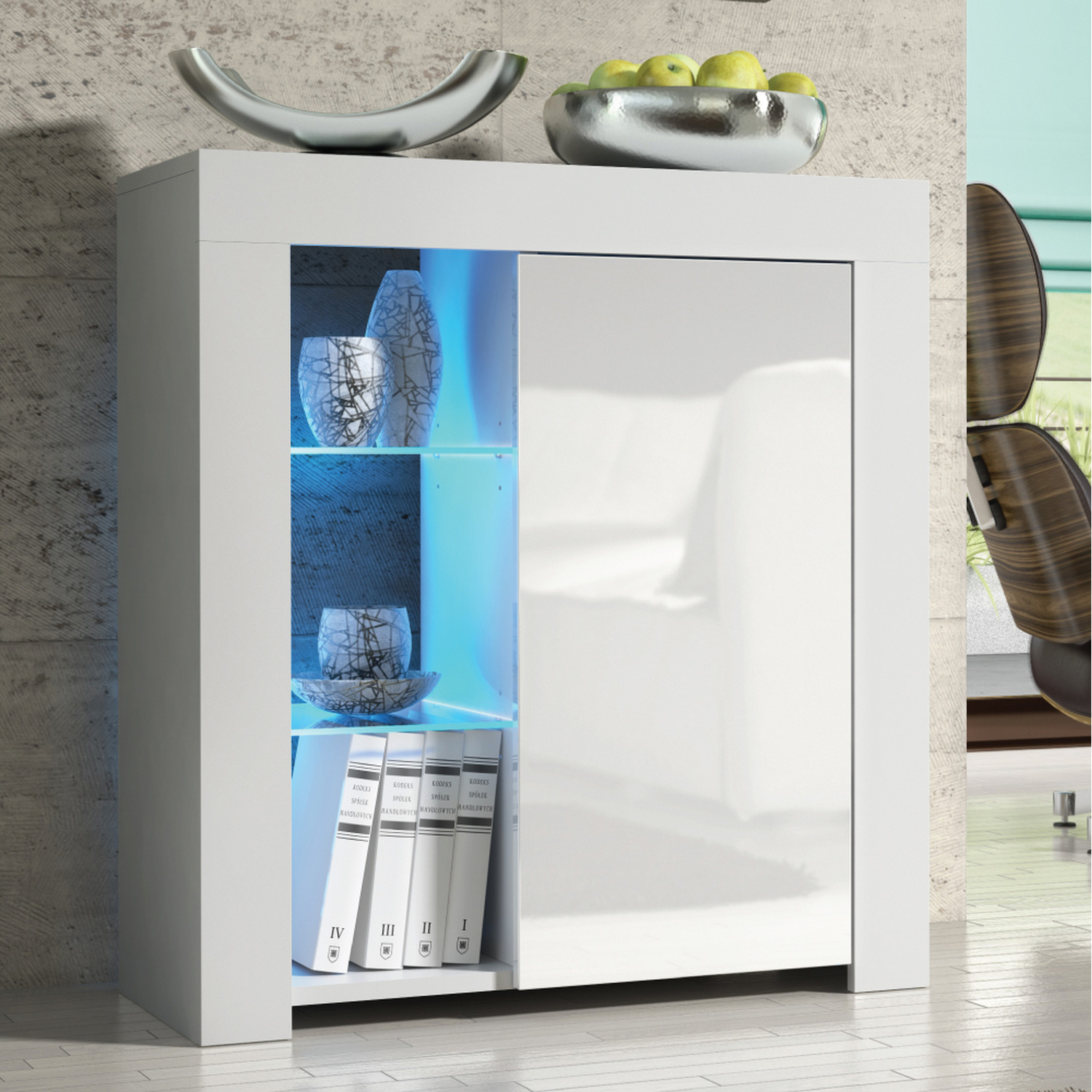 Creative Furniture  Distribution LTD - Sideboard 83cm White Modern Stand Gloss Doors Free LED - Colour: White Matt Body & White Gloss Doors thumbnail