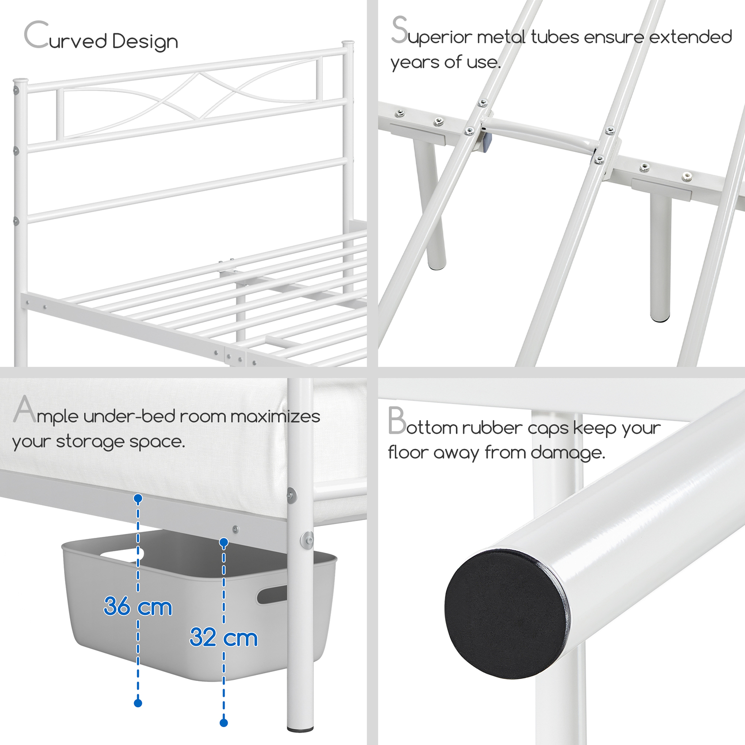 Metal Bed Frame With Curved Design - White King