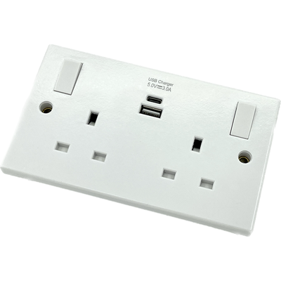 White 2 Gang Switched Socket with USB A and C