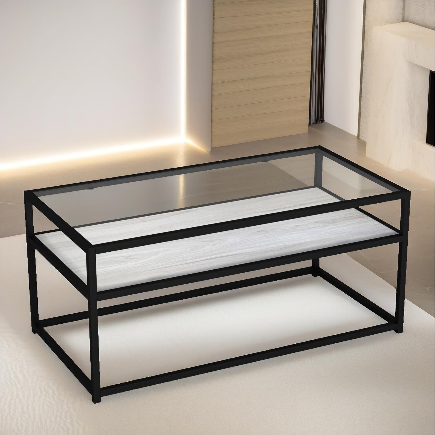 Glass Top Coffee Table With Steel Frame - White White