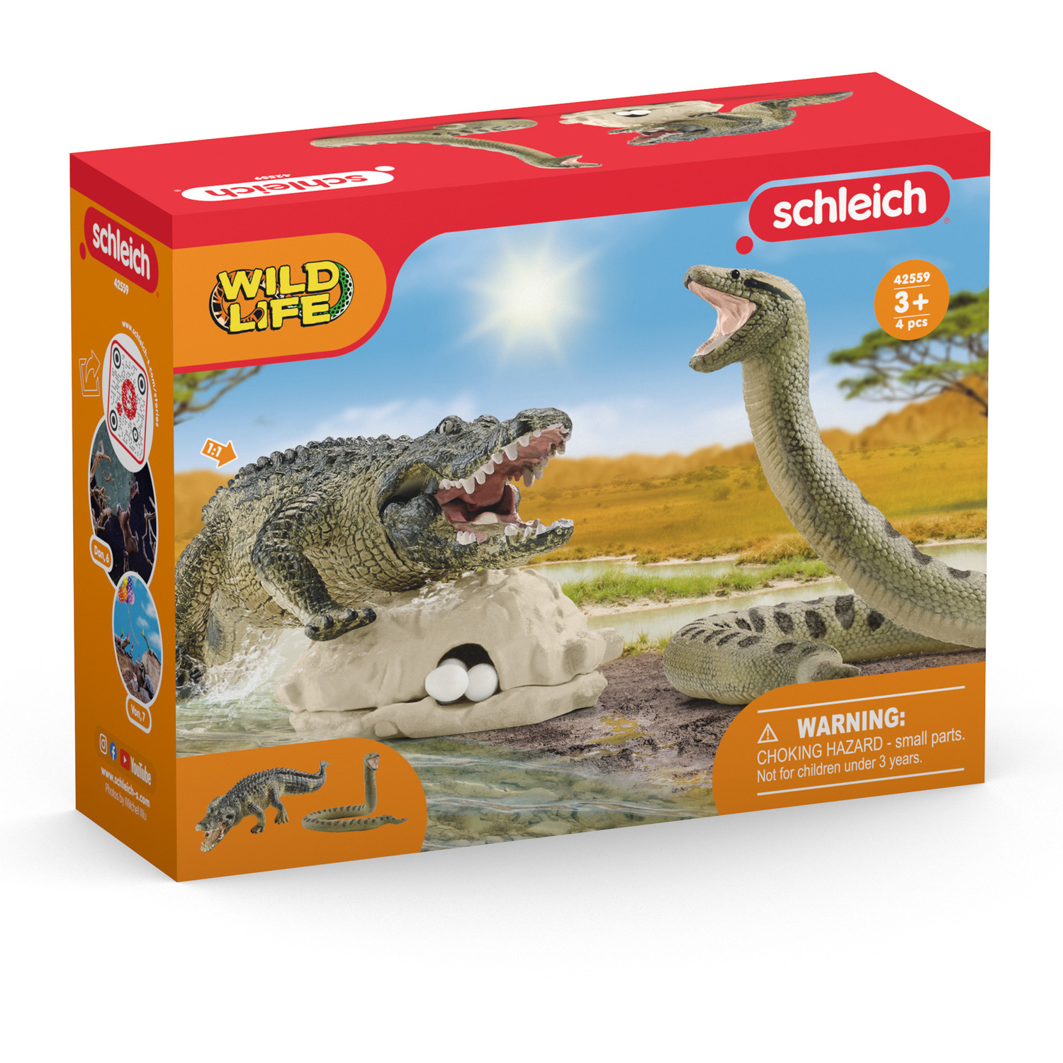 Schleich 42559 Peligro En El Pantano - Set De Juego Con Cocodrilo Y Serpiente, 4 Piezas