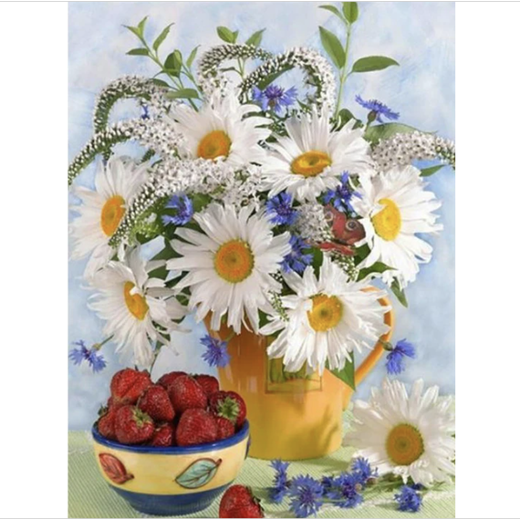 Daisy and Strawberry Vase Diamond Painting Kit