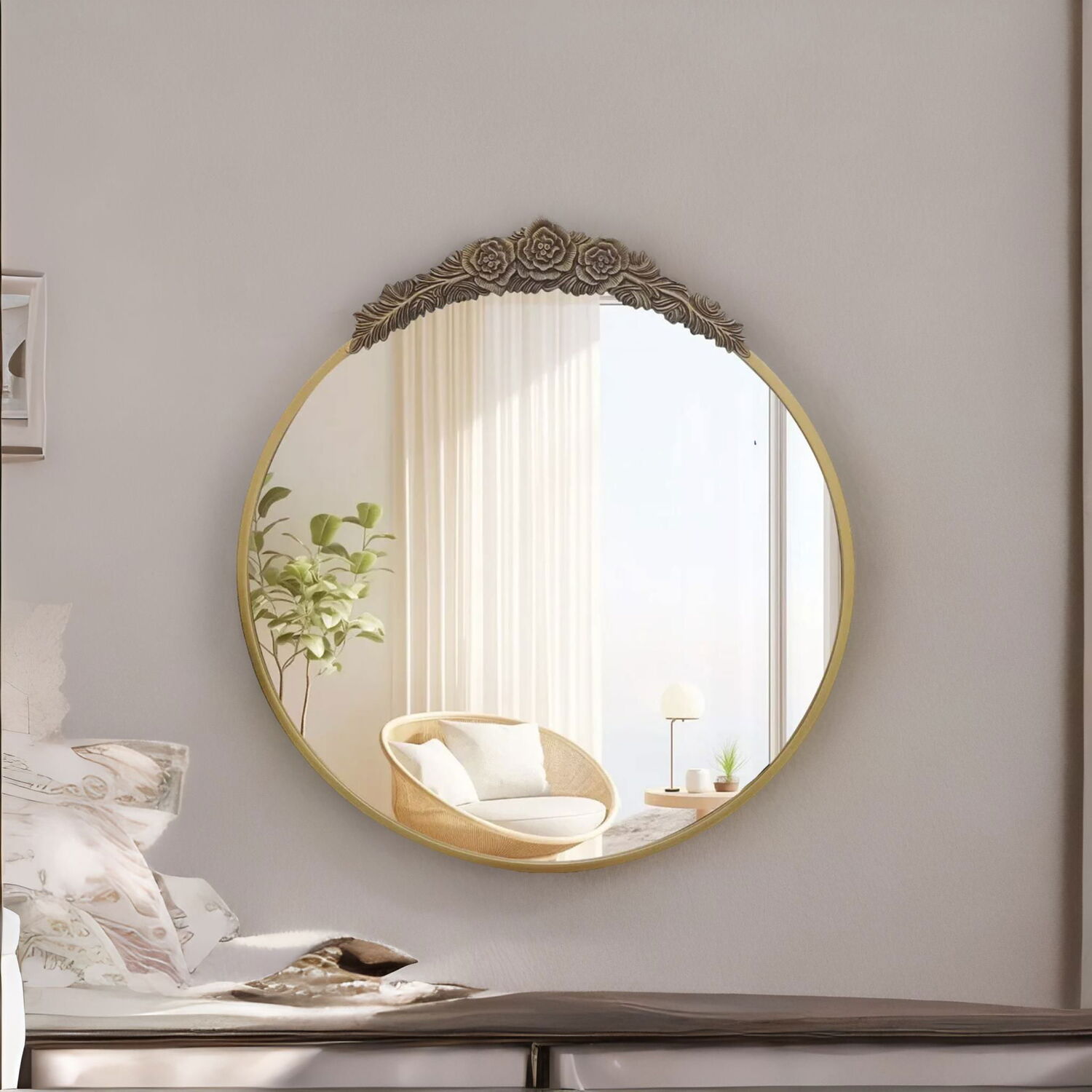 Round Embossed Retro Wall Mirror - Gold