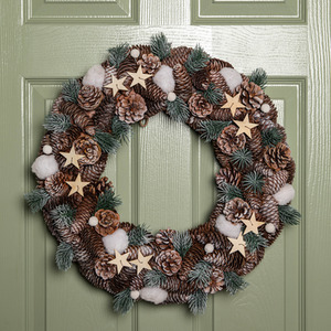 Frosted Hanging Christmas Wreath with Pine Cones and Wooden Stars