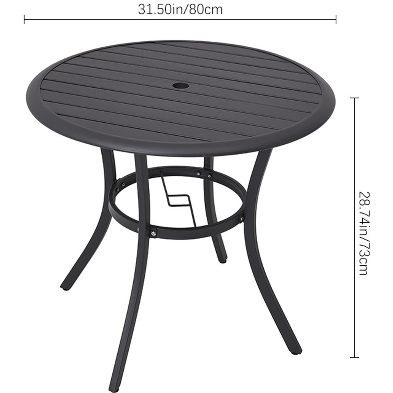 Metal Bistro Set Garden Slatted Table With Two Rattan Chairs - Dark Grey 1 Round Table And 2 Rattan Chairs