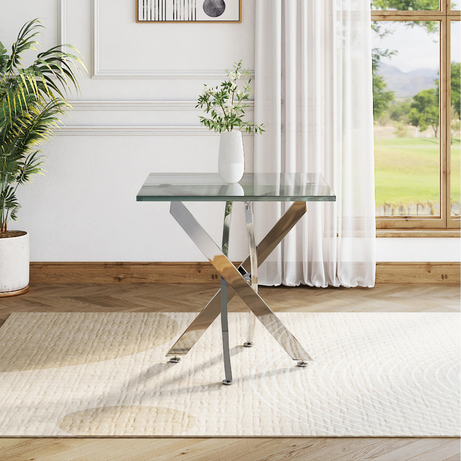 Tempered Glass Rectangular Dining Table - Transparent Silver 55cm