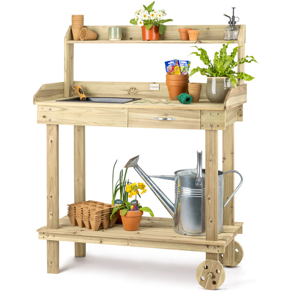 Wooden Potting Table with Wheels