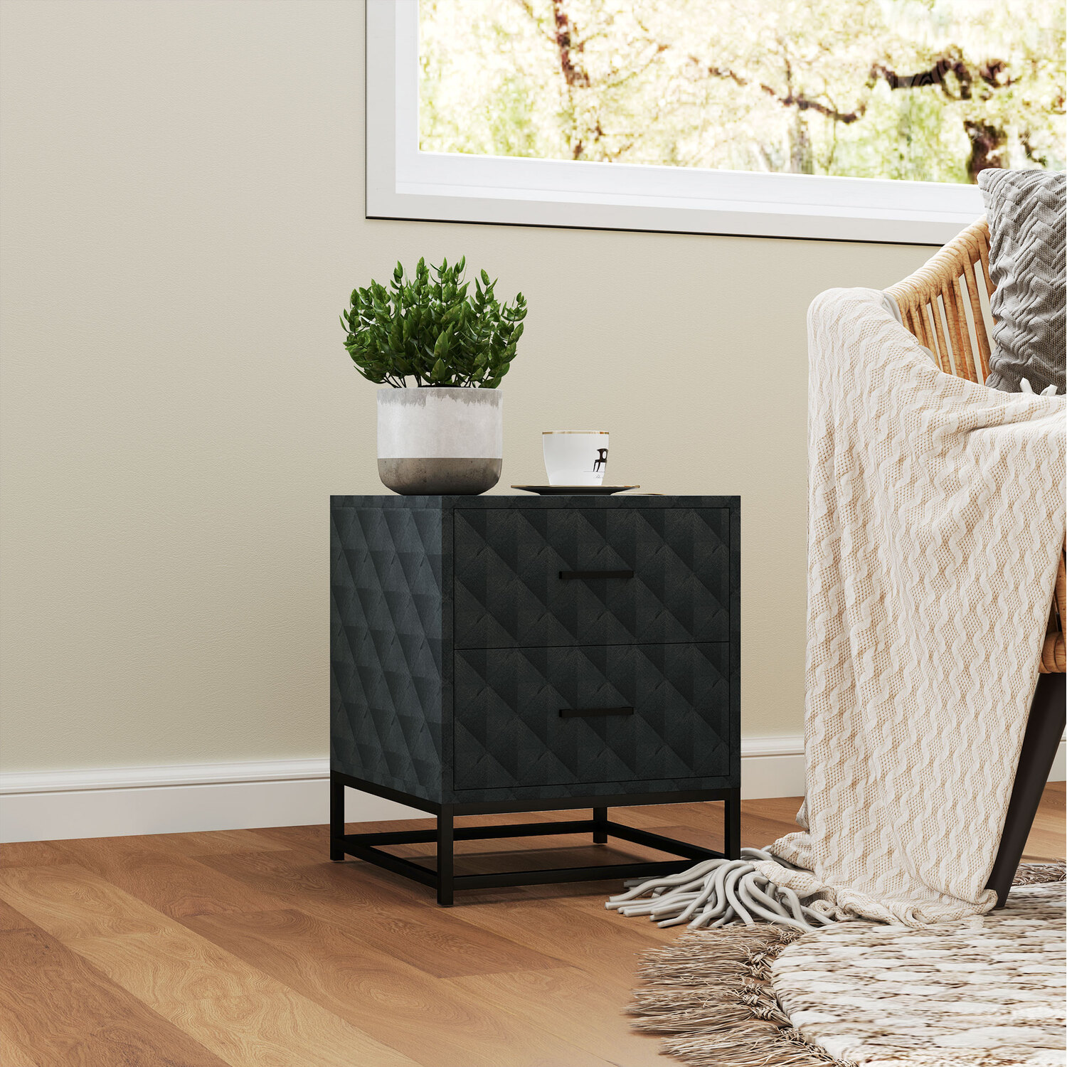 Bedside Table Patterned HOMCOM Bedside Table Side Table Set with Diamond patterned veneer