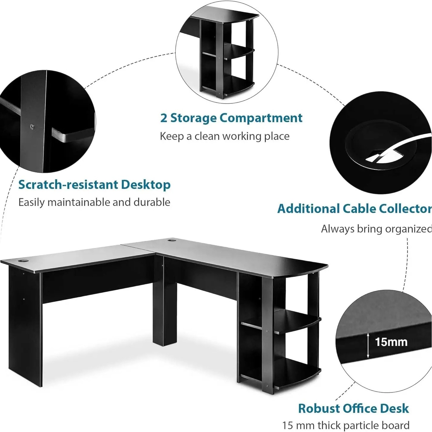 Corner Desk For Home Office L-shaped For Gaming Or Study - Black
