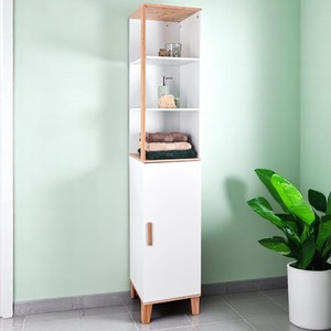 Catania Matt White and Bamboo Tall Boy Cabinet with Display Shelves