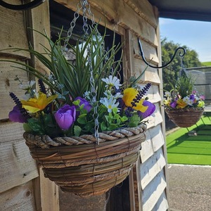 Pair of Best Artificial Mixed Meadow Flower in 10 inch Woven Hanging Baskets
