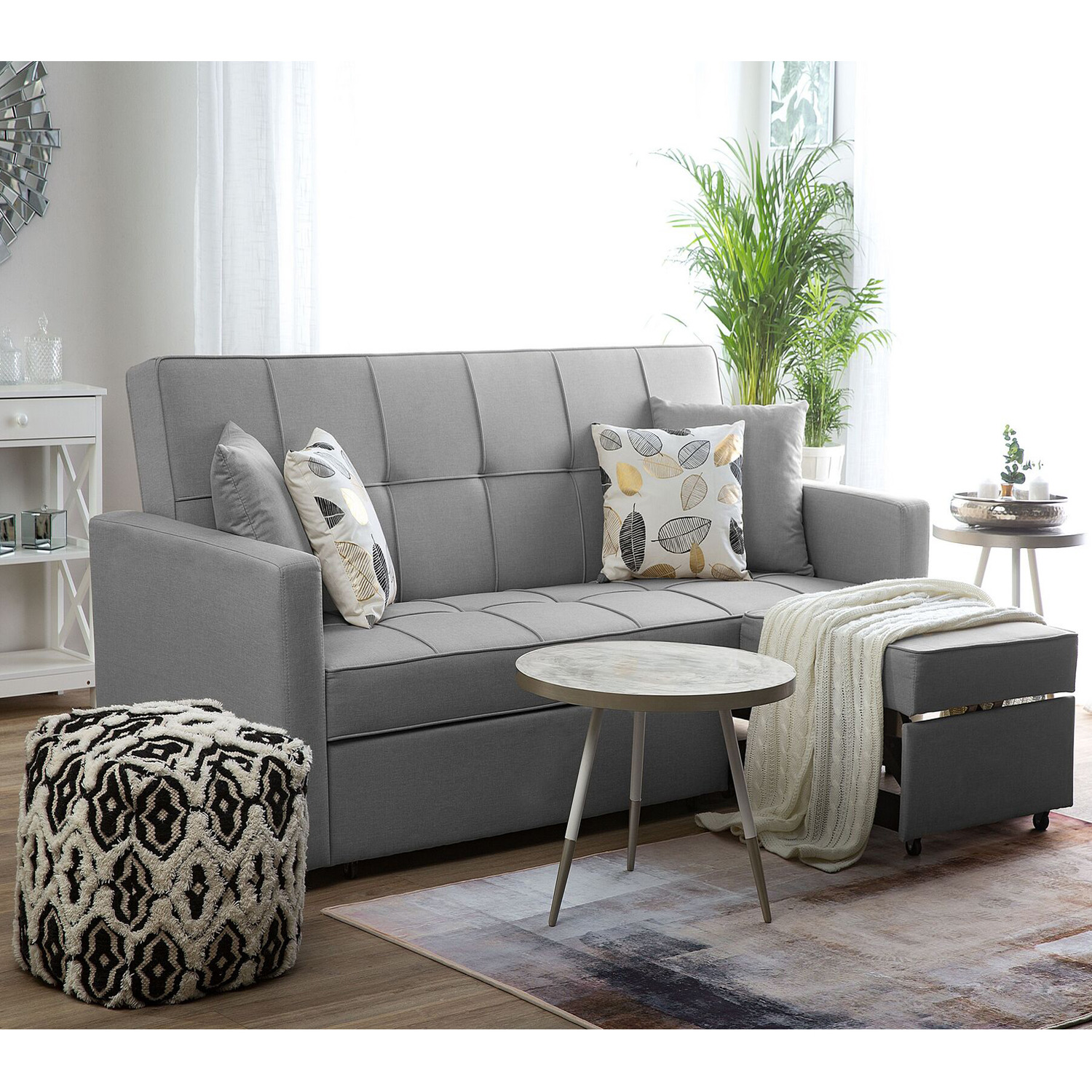Martin Linen Fabric Reversible Footstool Sofa-bed - Light Grey