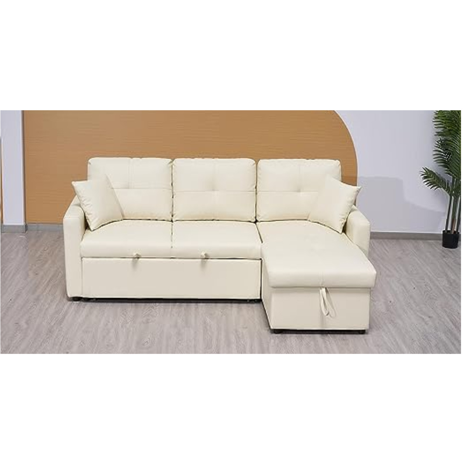 Myna Faux Leather L Shaped Corner Sofa Bed - Cream