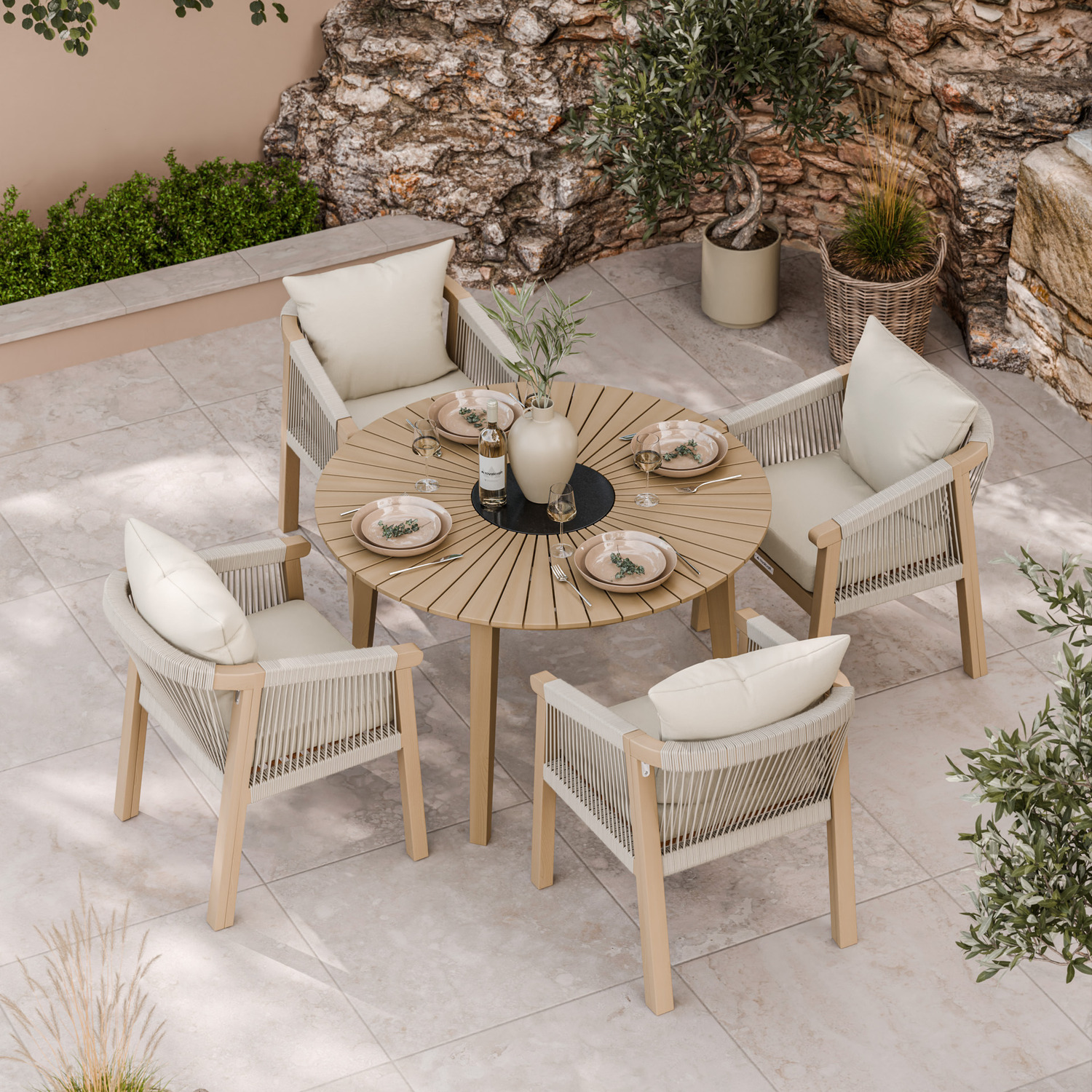 Roma 5 Piece Round Sunray Dining Set - Black Roma Rope Dining Chairs