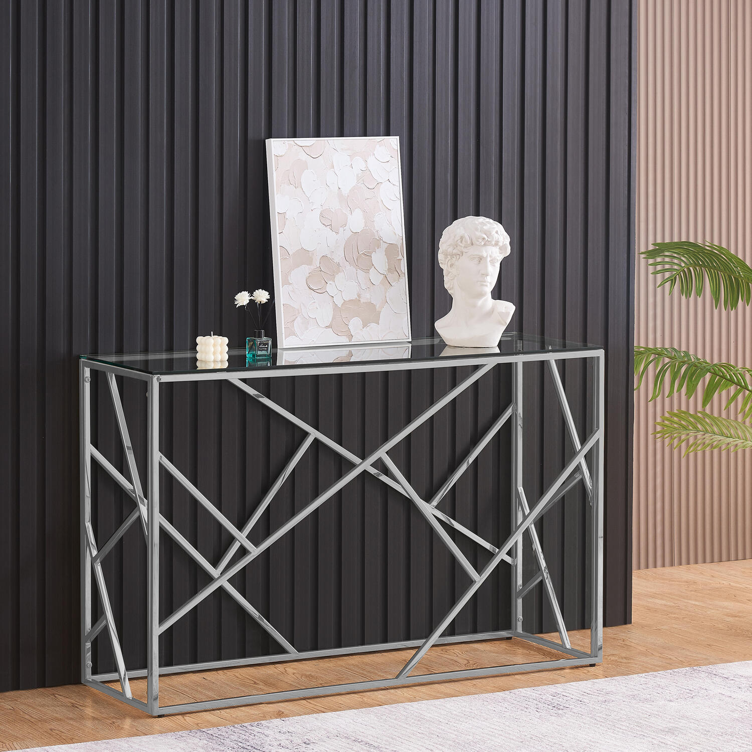 Metal And Glass Rectangular Abstract Console Table - Silver