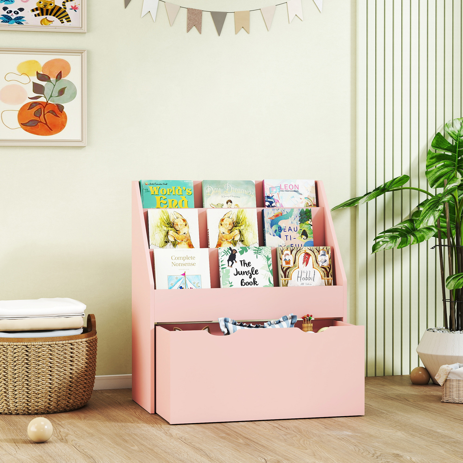Aiyaplay Kids Bookcase With 3 Tier Shelves And Drawer - Pink