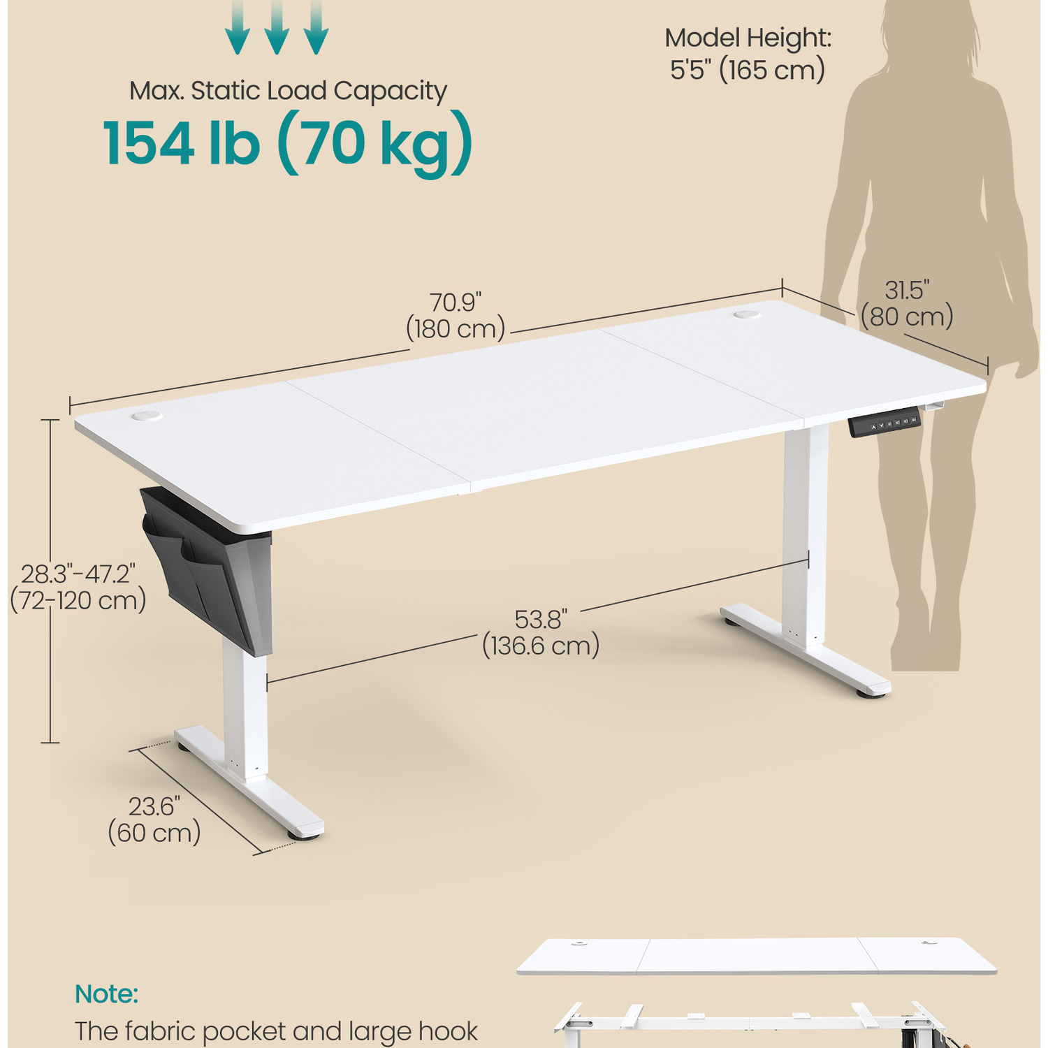 Electric Standing Desk Height Adjustable Desk 180 X 80 Cm - White