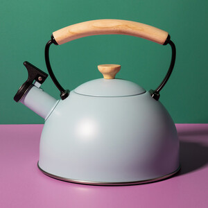 La Cafetire 1.6L Sky Blue Whistling Kettle, Stainless Steel with Wooden Handle
