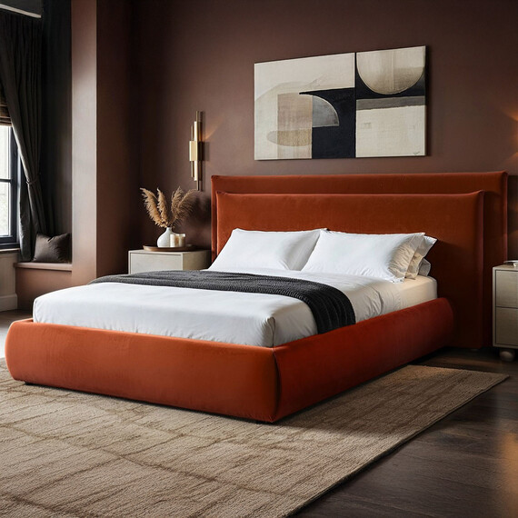 Sigrid Burnt Orange Velvet Cushion Headboard Ottoman Bed
