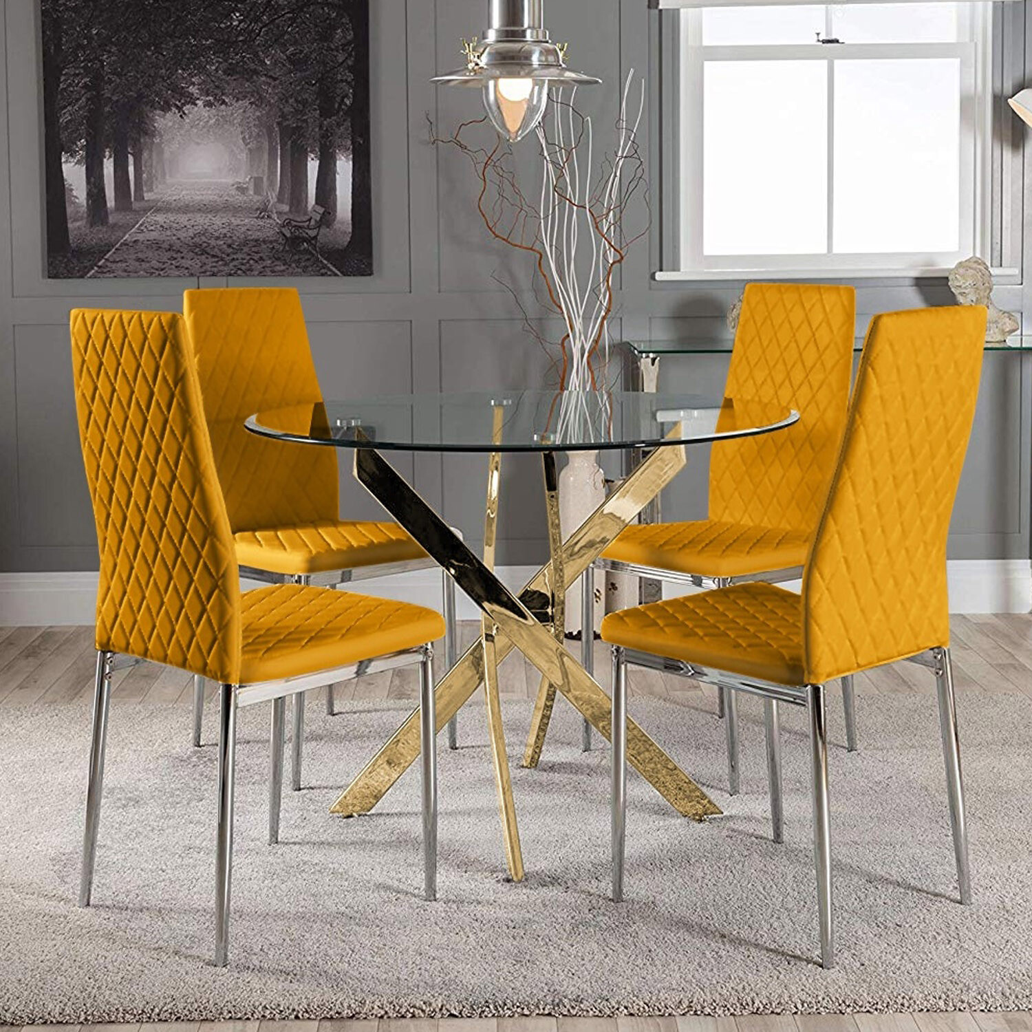 Novara Dining Table With Four Milan Dining Chairs - Mustard