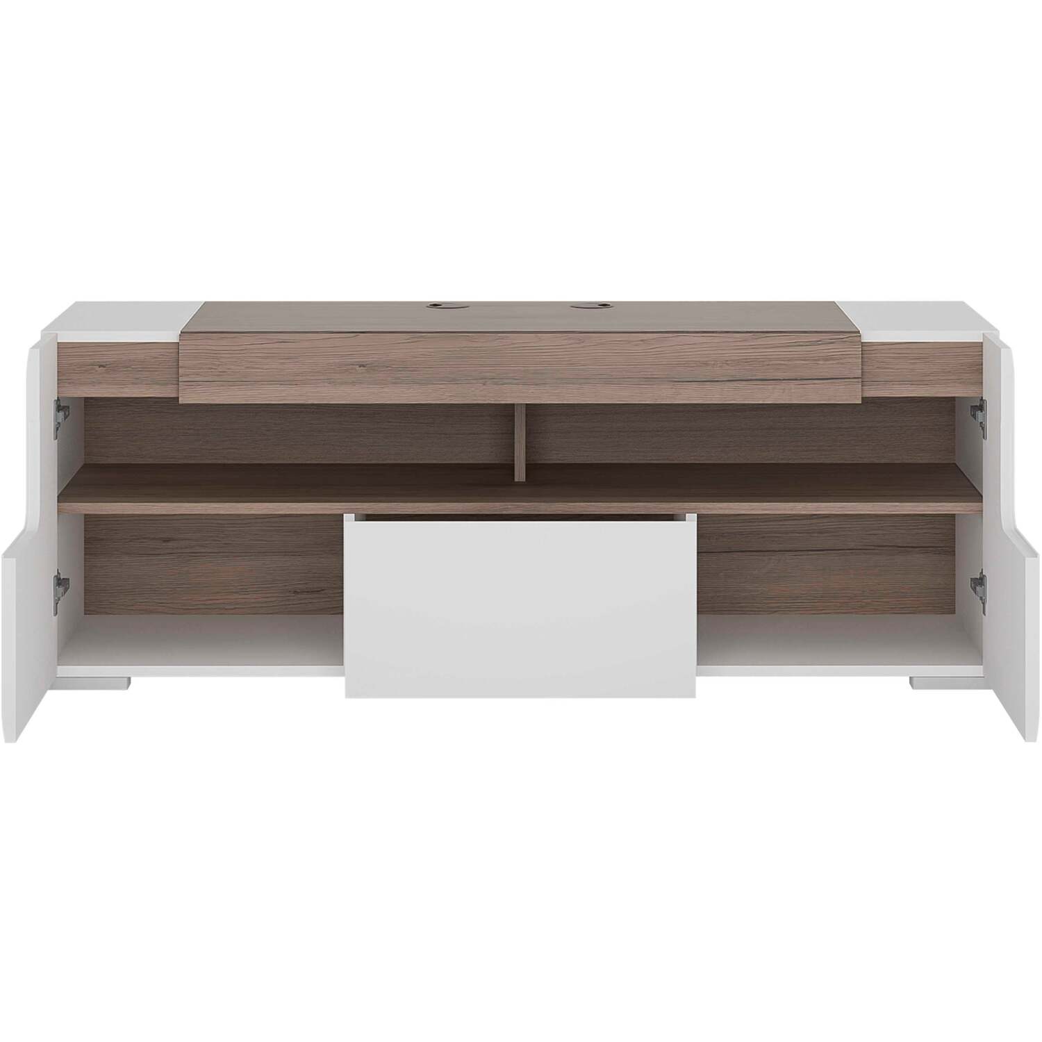 Porto 140cm Gloss White TV Cabinet with Oak Detail, 2 Doors and 1 Drawer - White