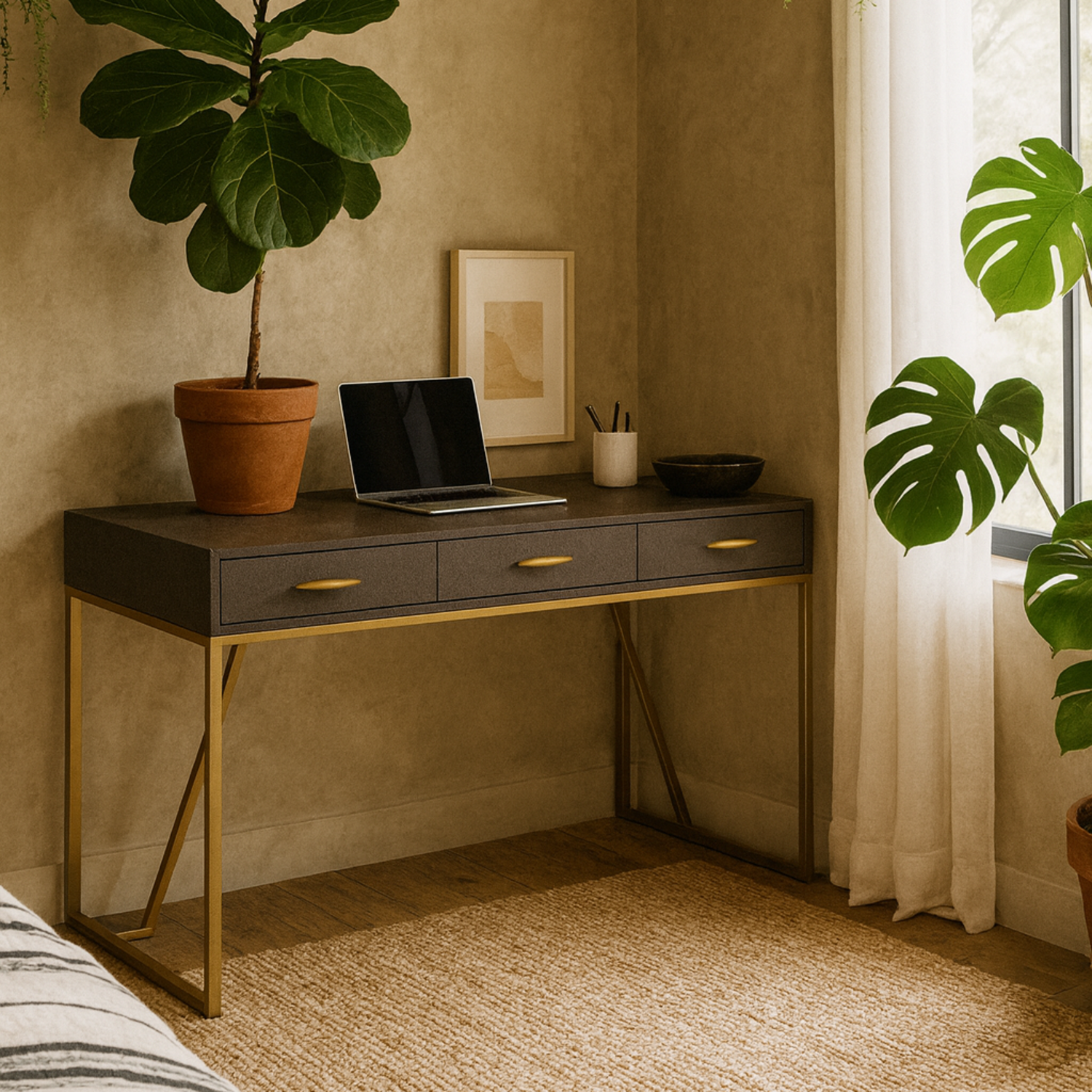 Fortaleza Brown Shagreen Desk with Brushed Brass Legs and Two Drawers - Brown shagreen