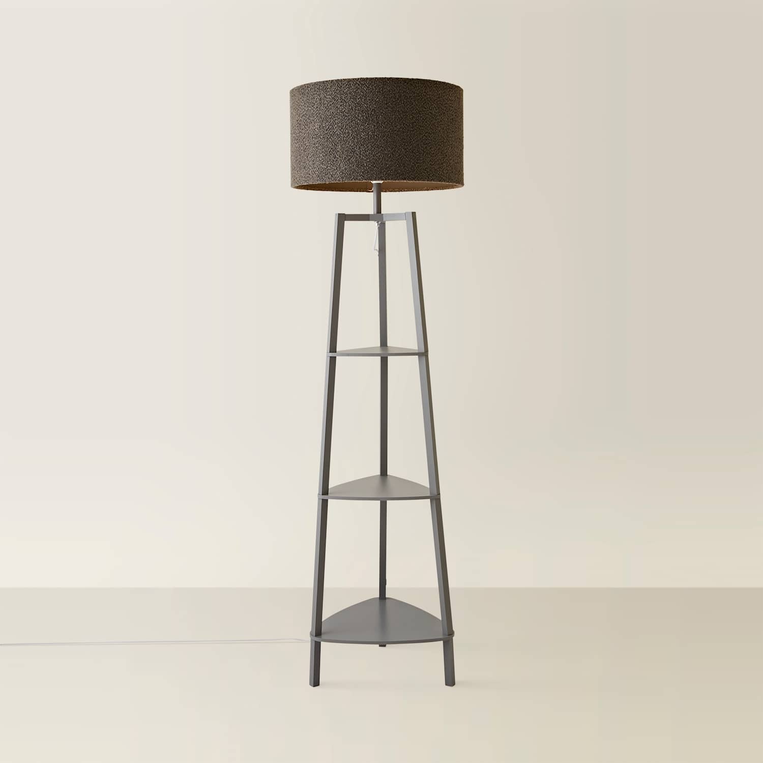 Valuelights Hiru Grey 3 Tier Wooden Shelf Floor Lamp With Boucle Drum Shade - Neutral / No - Charcoal