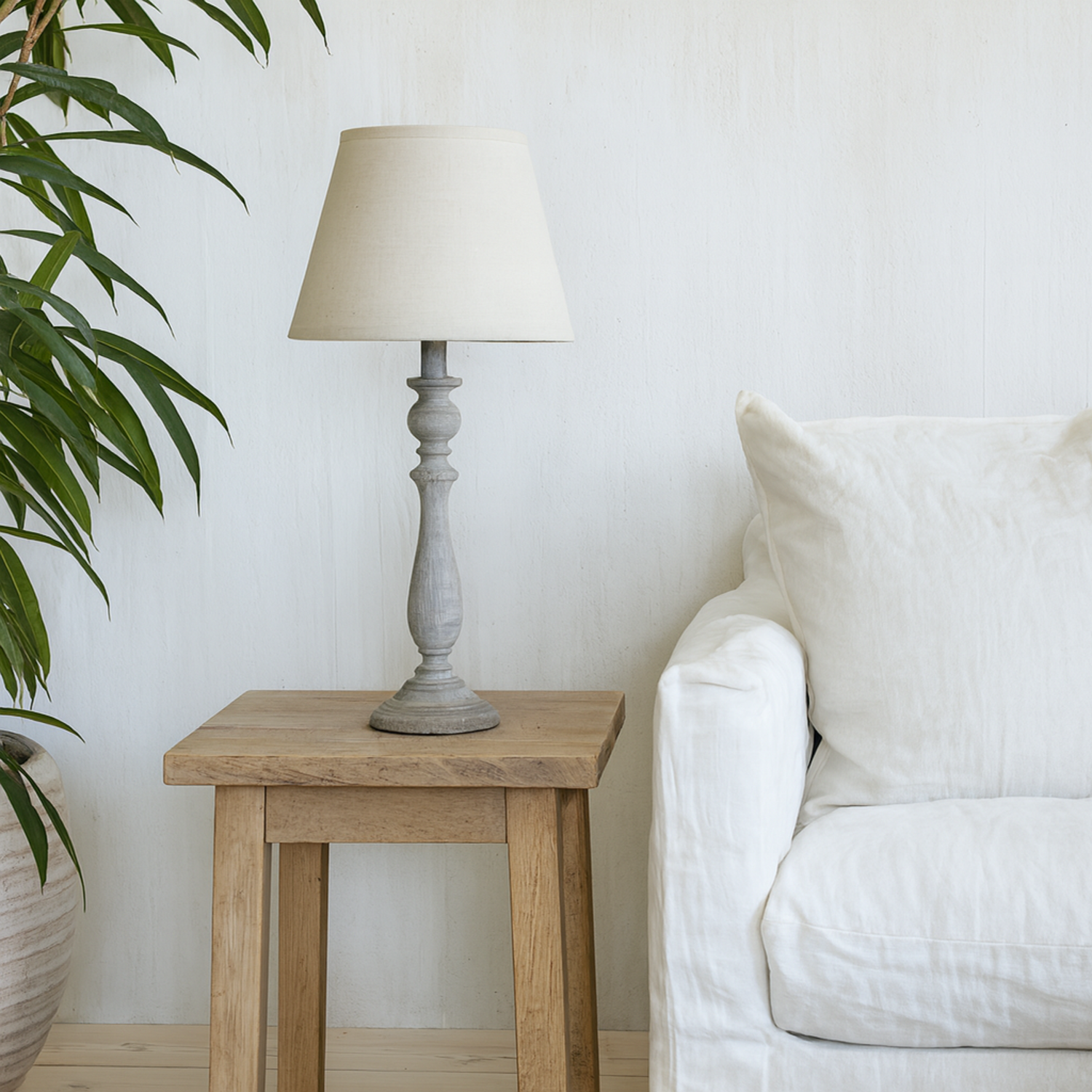 Giverny Whitewashed Turned Wood Table Lamp with Linen Shade - White