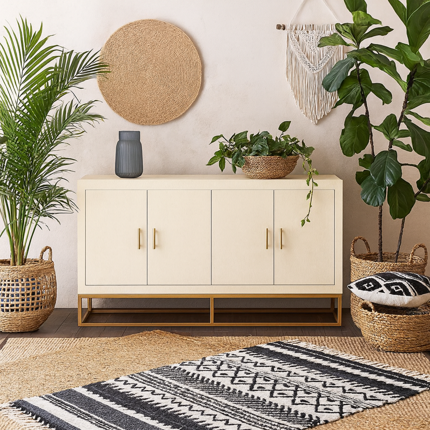 Ubatuba Shagreen 4 Door Sideboard with Brushed Brass Base - Cream