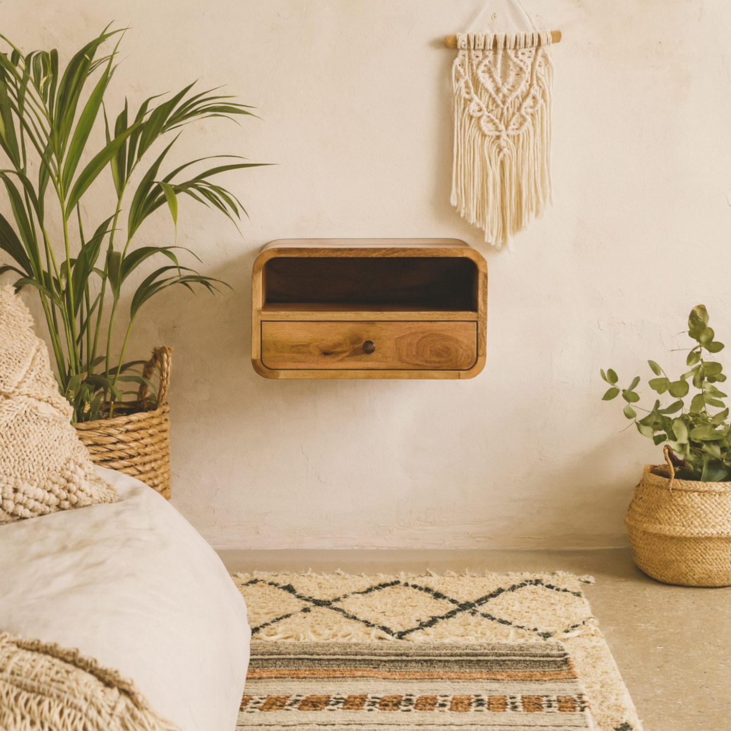 Alghero Large Mango Wood Floating Bedside with Drawer and Shelf