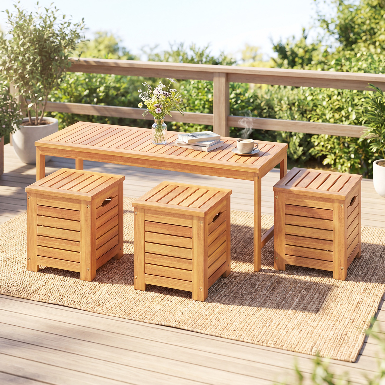 4 Piece Outdoor Bench And Storage Box Set - Brown