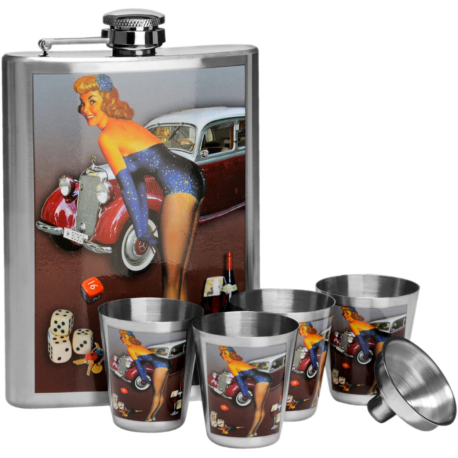 Pinup Hip 8Oz 4 Cups Flask Set - Silver