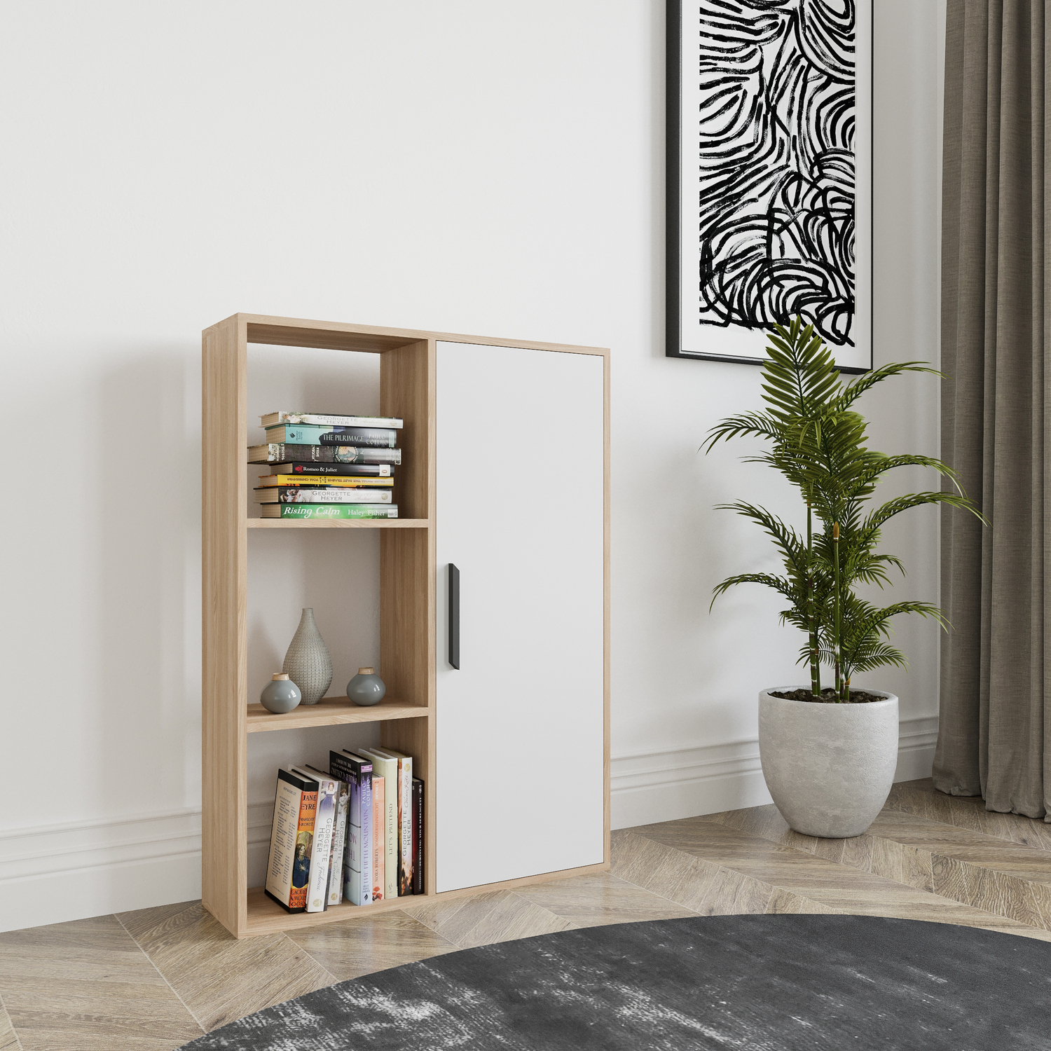 Patrick Modern Bookcase with Cabinet - Oak and White