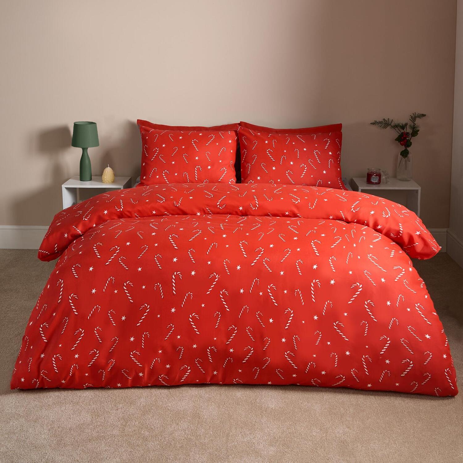 OHS Xmas Candy Cane Bedding Set Duvet Cover with Pillowcase in Red | Size: Single