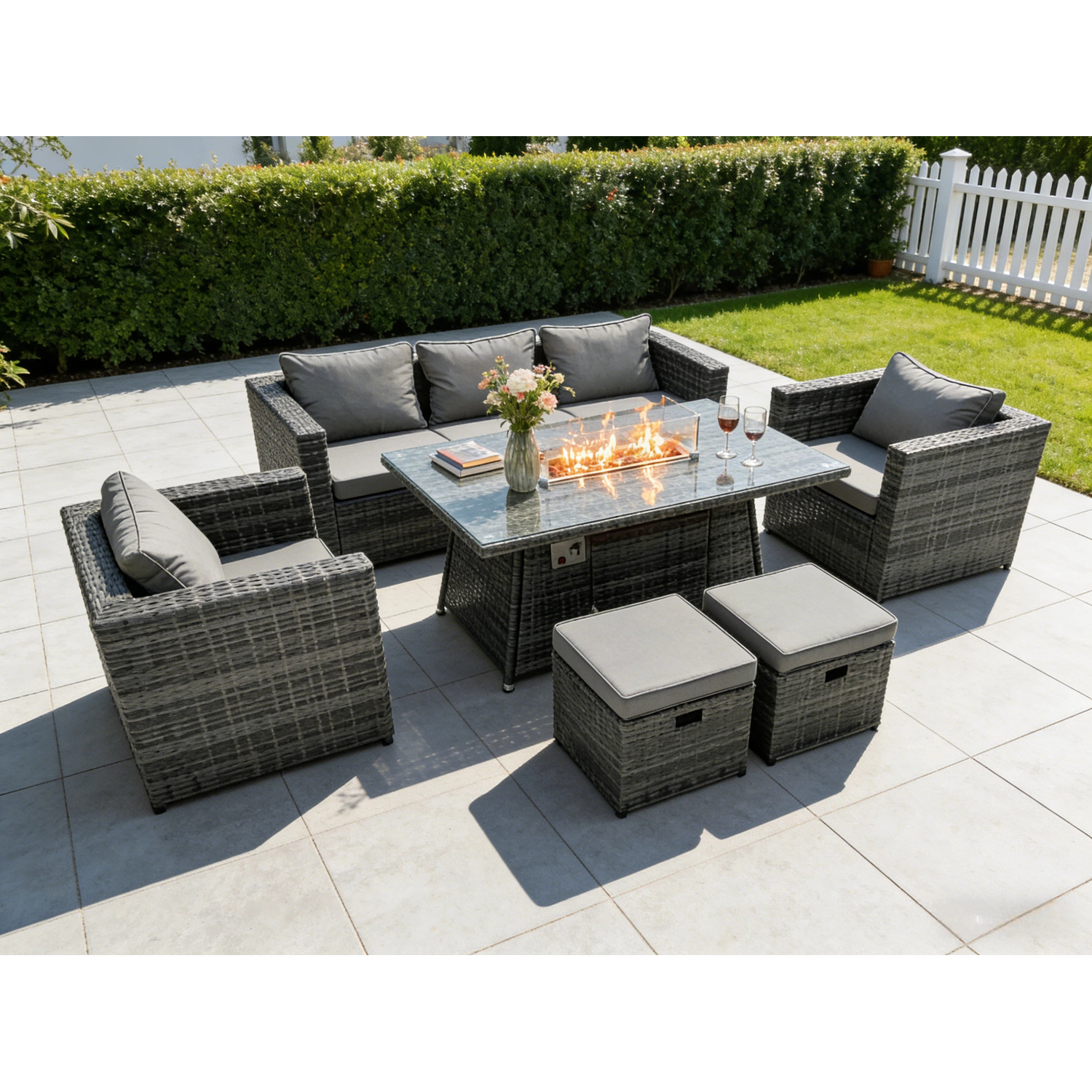 Fimous Rattan 7 Seater Gas Fire Pit Dining Set Stools