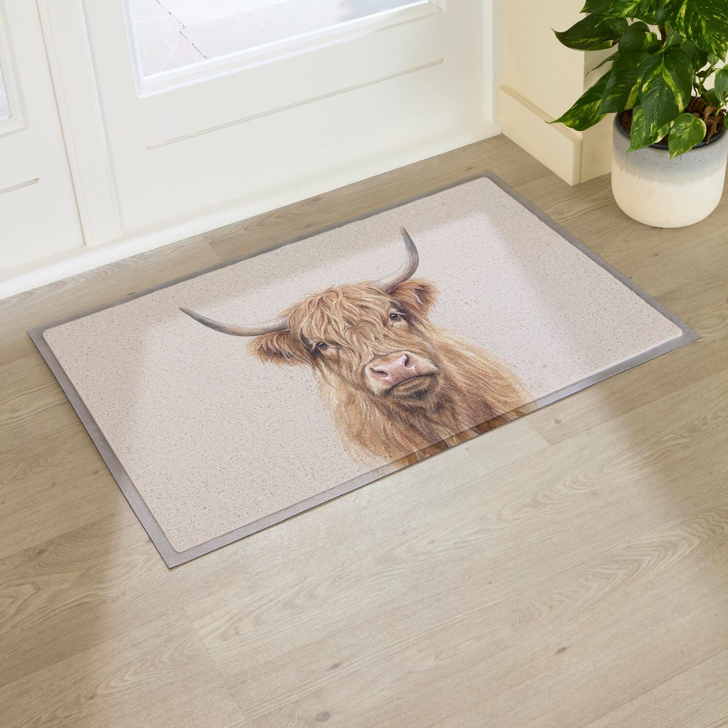 B&Q - Neutral Watercolour Highland Cow Heavy Duty Non-Slip Indoor Outdoor Mat 90X60Cm - Image 2