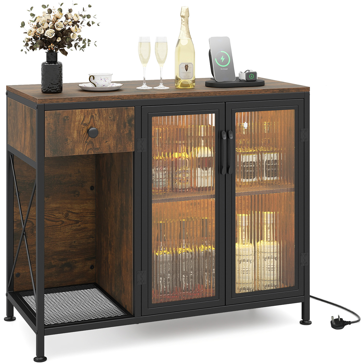 Costway Led Power Socket Wooden Buffet Sideboard - Brown