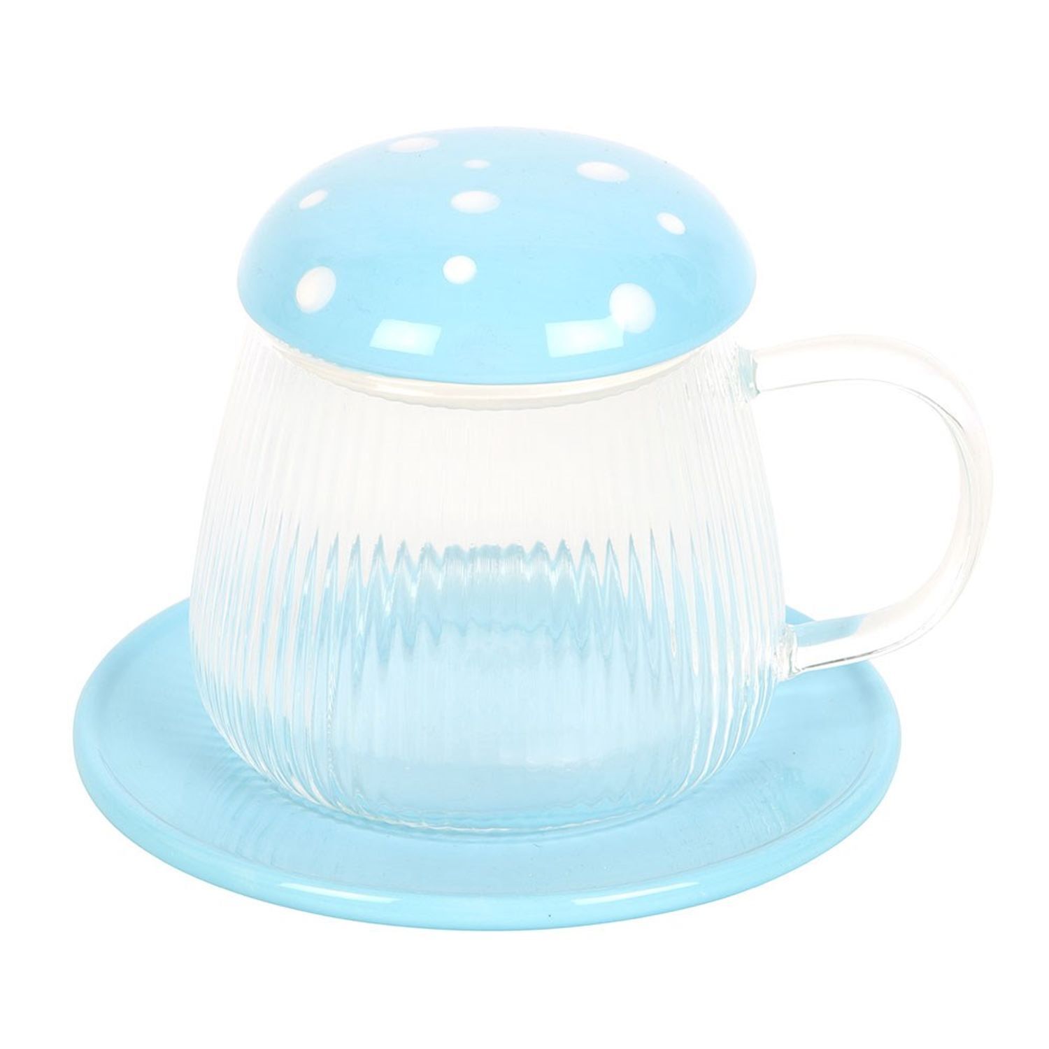 Something Different Mushroom Glass Mug & Saucer - Clear/Blue