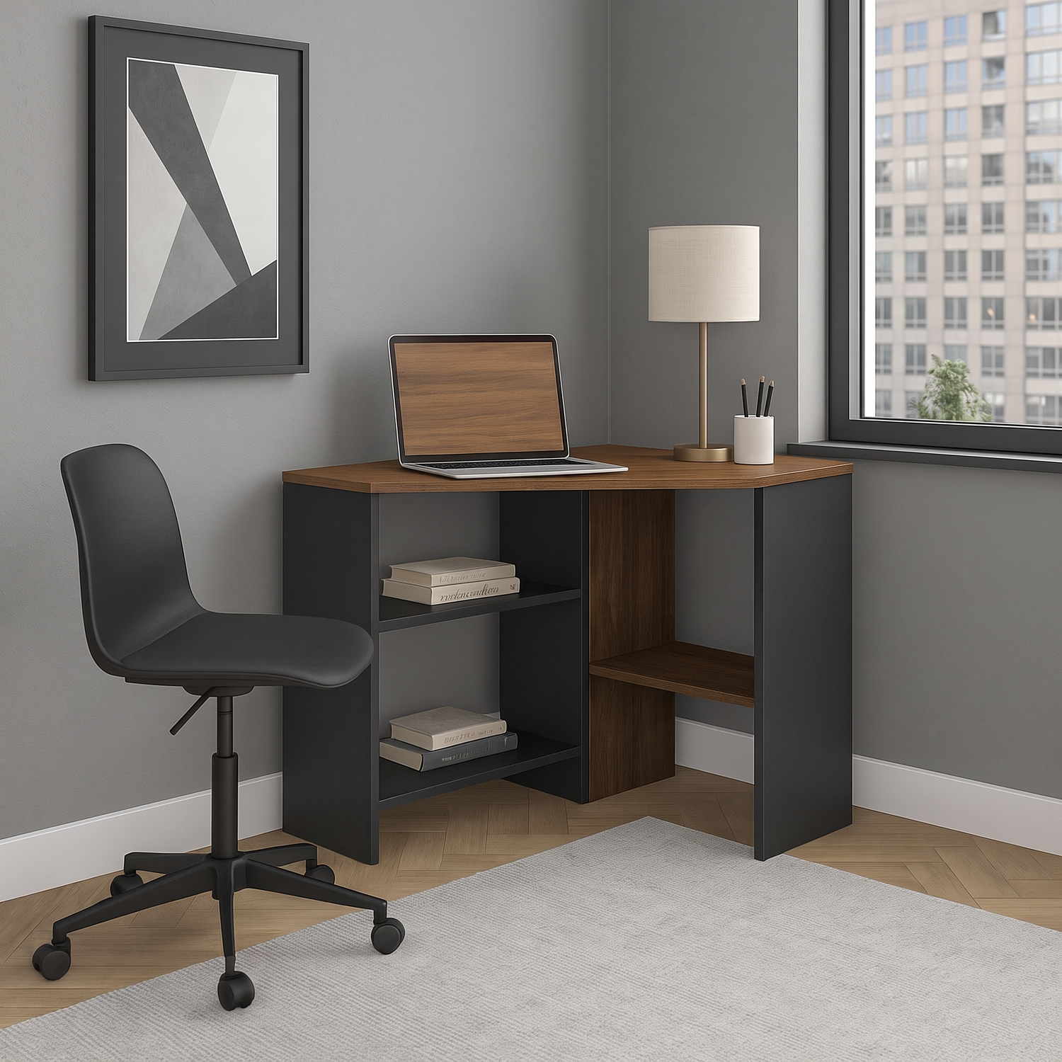 Decorotika - Alison Corner Computer Desk - 3 Shelf - Walnut and Black - 73.8 x 72 x 72cm - Image 2